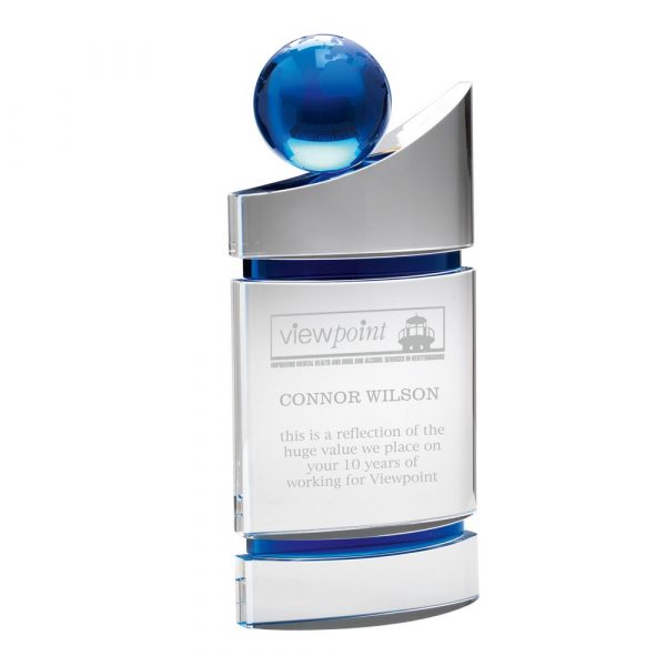 Clear/Blue Domed Glass Plaque With Blue Globe 