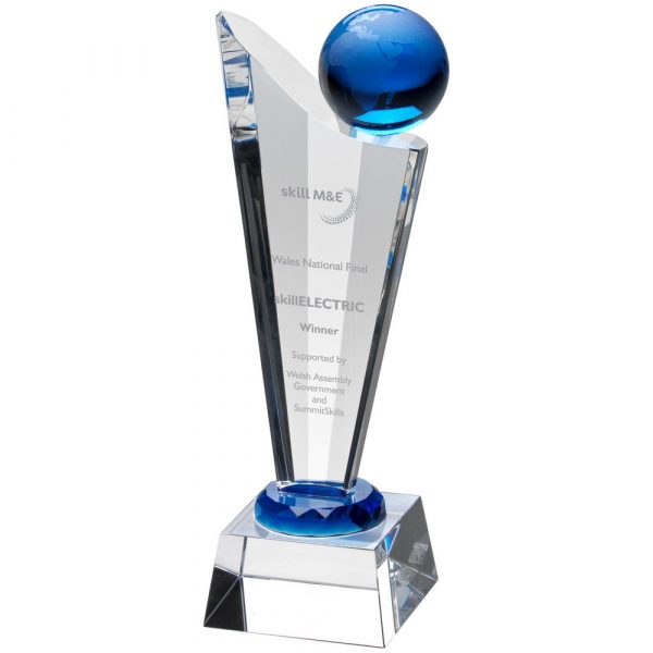 Clear/Blue Glass Victory Plaque With Blue Globe