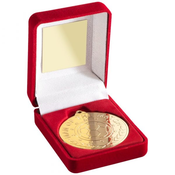 RED VELVET BOX AND 50mm 'M.O.T.M'  MEDAL TROPHY - GOLD - 3.5in