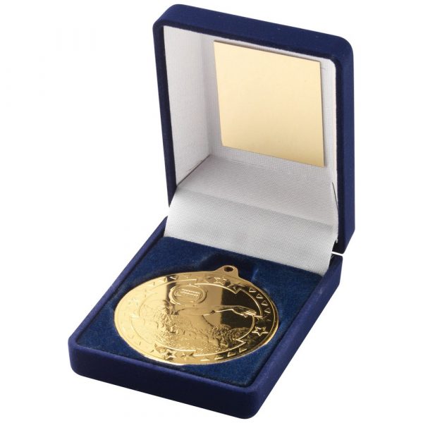 BLUE VELVET BOX AND 50mm MEDAL SWIMMING TROPHY - GOLD 3.5in