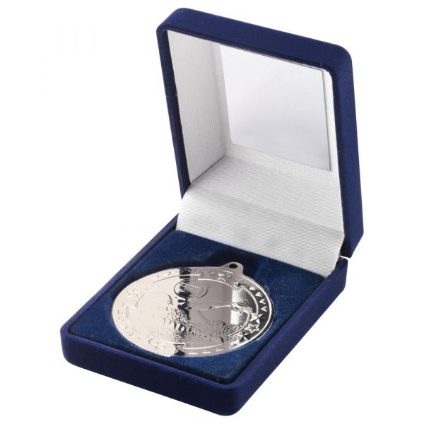 BLUE VELVET BOX AND 50mm MEDAL SWIMMING TROPHY - SILVER 3.5in