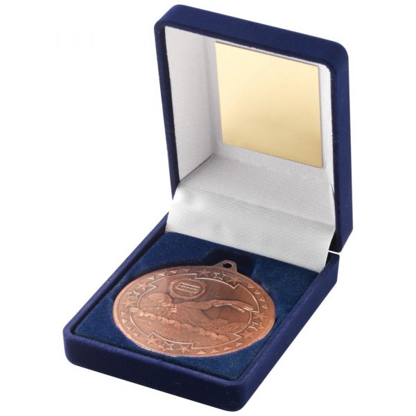 BLUE VELVET BOX AND 50mm MEDAL SWIMMING TROPHY - BRONZE 3.5in