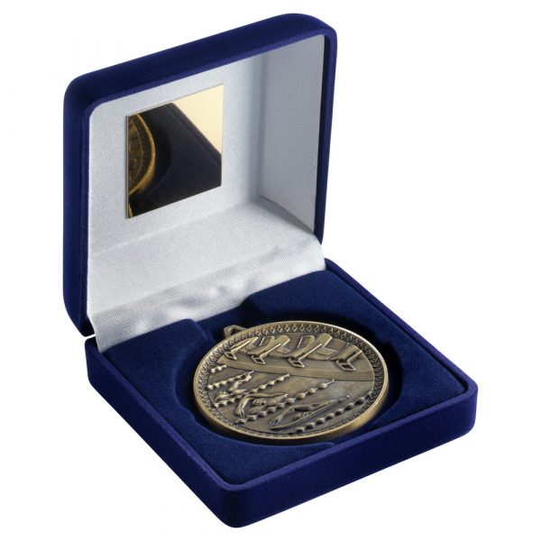 BLUE VELVET BOX AND 60mm MEDAL SWIMMING TROPHY - ANTIQUE GOLD - 4in