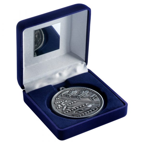 BLUE VELVET BOX AND 60mm MEDAL SWIMMING TROPHY - ANTIQUE SILVER - 4in