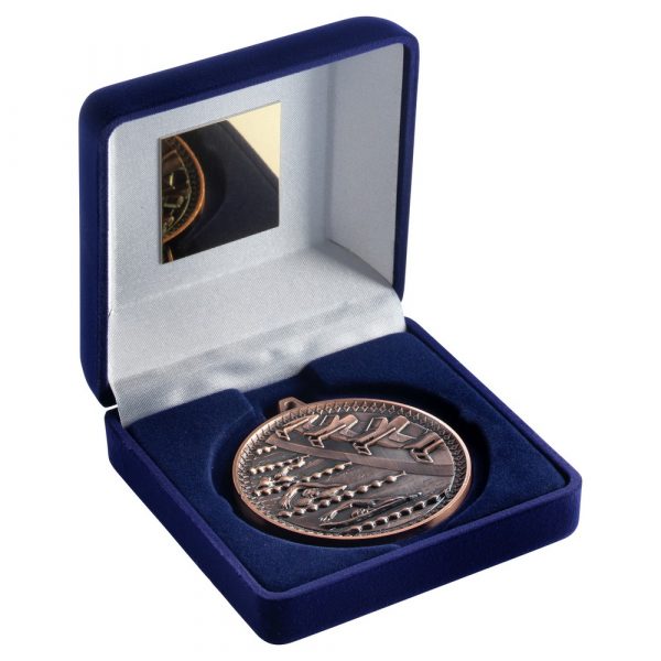 BLUE VELVET BOX AND 60mm MEDAL SWIMMING TROPHY - BRONZE - 4in