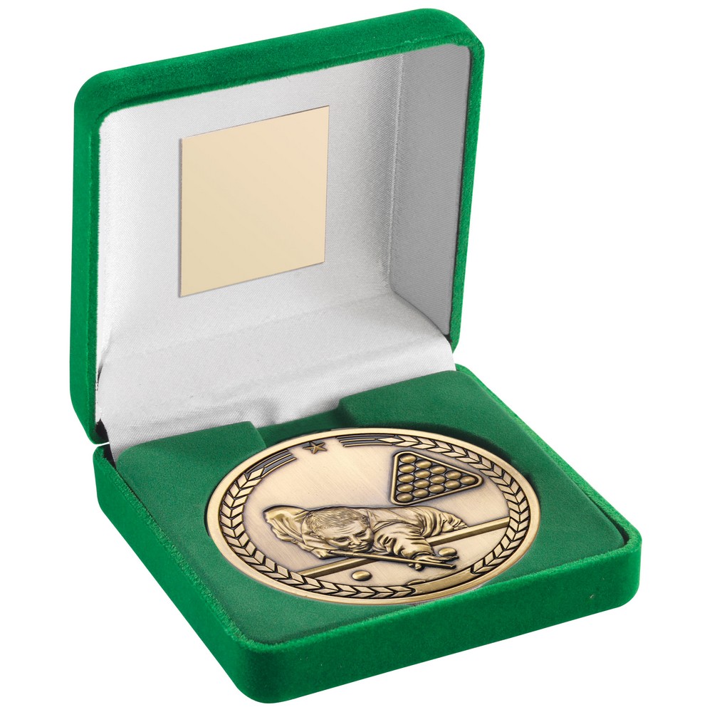 Pool Snooker Medal Green Velvet Box 70mm Trophy Antique Gold 4in FREE Engraving 