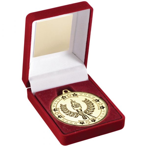 RED VELVET BOX AND 50mm MEDAL VICTORY TORCH TROPHY - GOLD - 3.5in