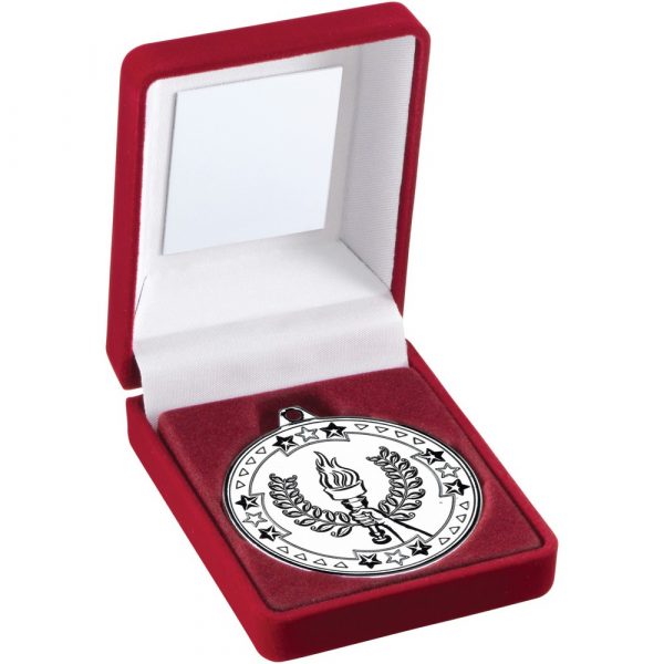 RED VELVET BOX AND 50mm MEDAL VICTORY TORCH TROPHY - SILVER - 3.5in