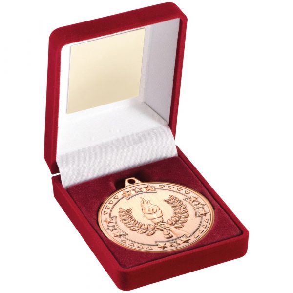 RED VELVET BOX AND 50mm MEDAL VICTORY TORCH TROPHY - BRONZE - 3.5in