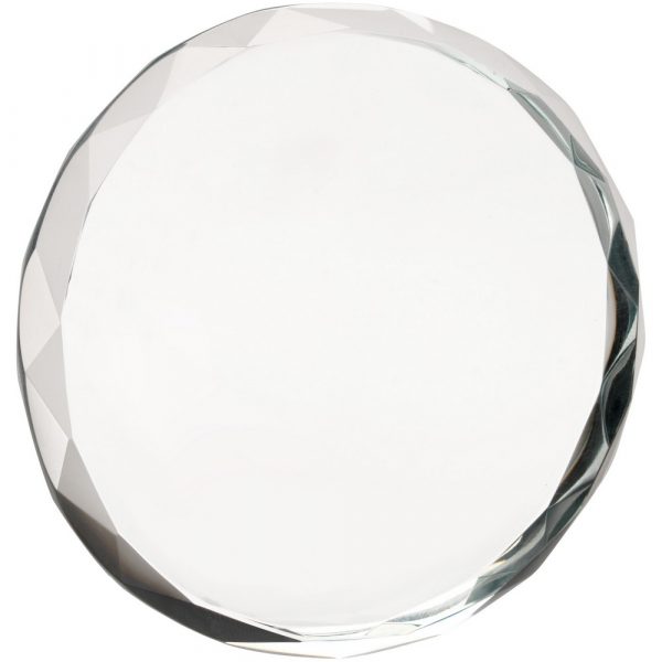 CLEAR GLASS ROUND PAPERWEIGHT WITH FACETED EDGE (19MM THICK) - 3.25in