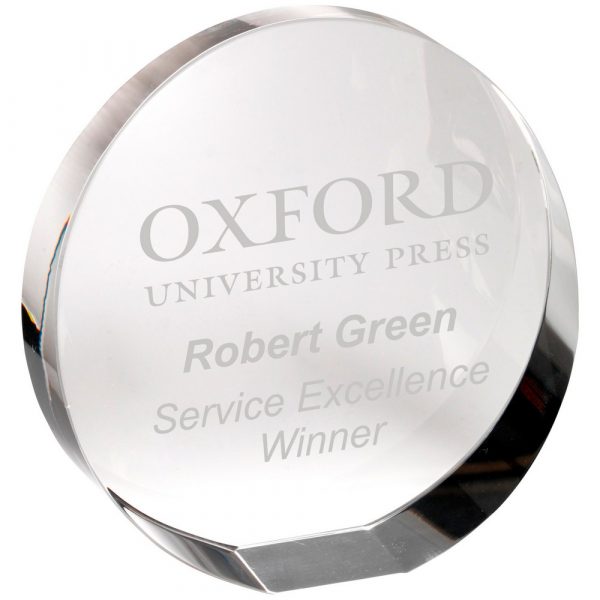 CLEAR GLASS ROUND PAPERWEIGHT (STANDING OR FLAT) WITH PRESENTATION CASE - 4.5in