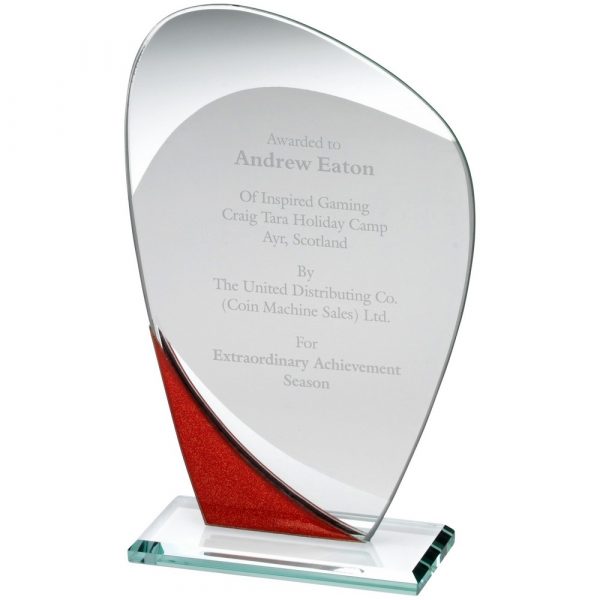 JADE GLASS CURVED PLAQUE WITH RED/SILVER DETAIL - 8in