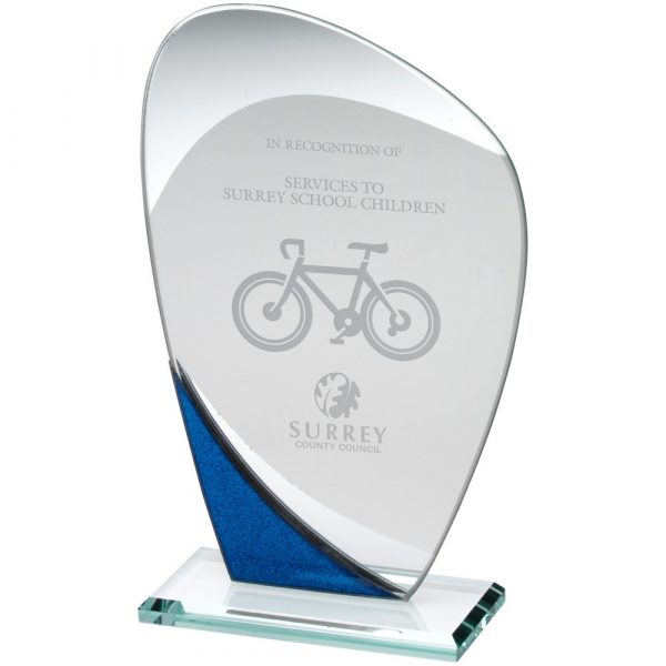 JADE GLASS CURVED PLAQUE WITH BLUE/SILVER DETAIL - 6.5in