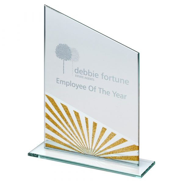 JADE GLASS ANGLED PLAQUE WITH GOLD/SILVER GLITTER DETAIL - 7.25in